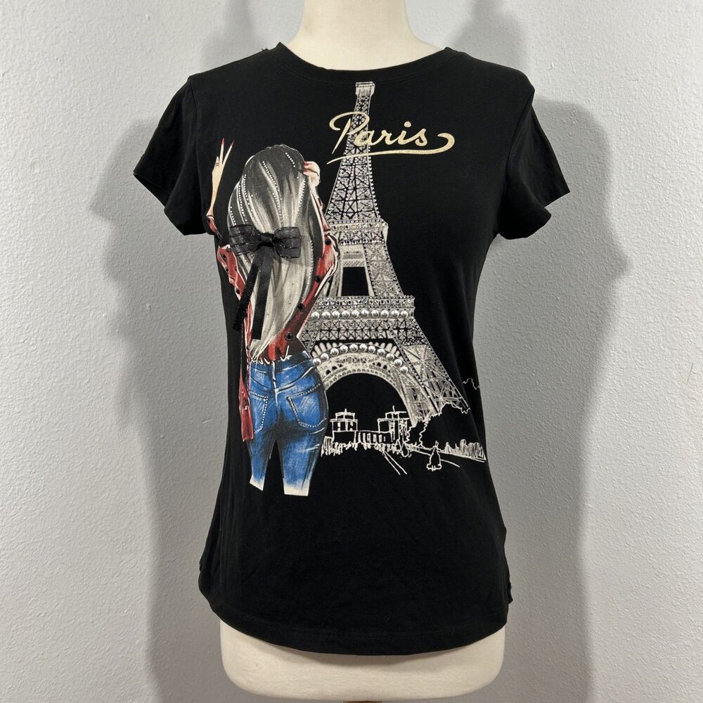 Vinizbena Tee Top‎ Womens Small Black Rhinestones Y2K
